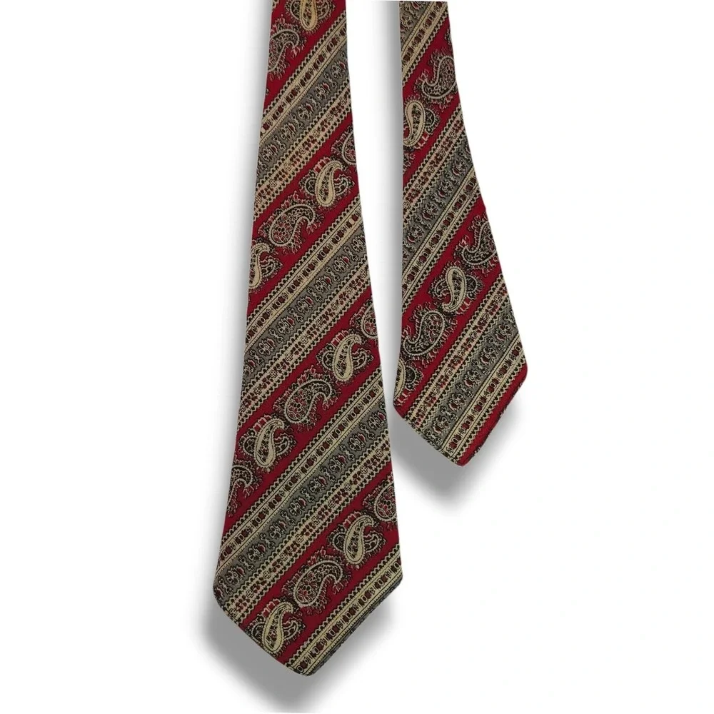 Wembley Vintage All Wool Necktie Paisley Stripe Red Gray Tan Wide Heritage OS‎